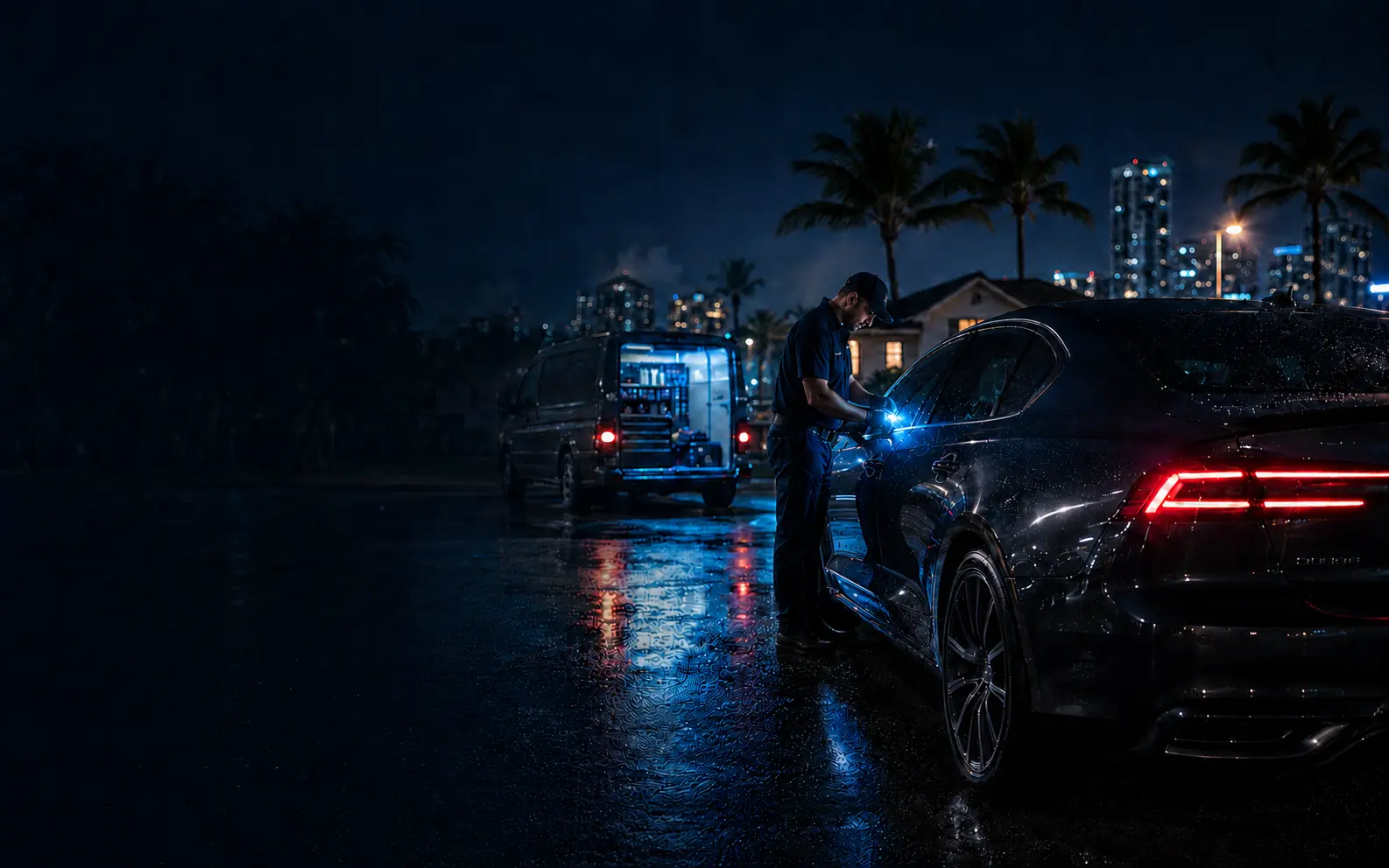 Mobile locksmith working at the front door of a vehicle