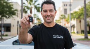 Professional automotive locksmith helping with a car lockout in South Florida